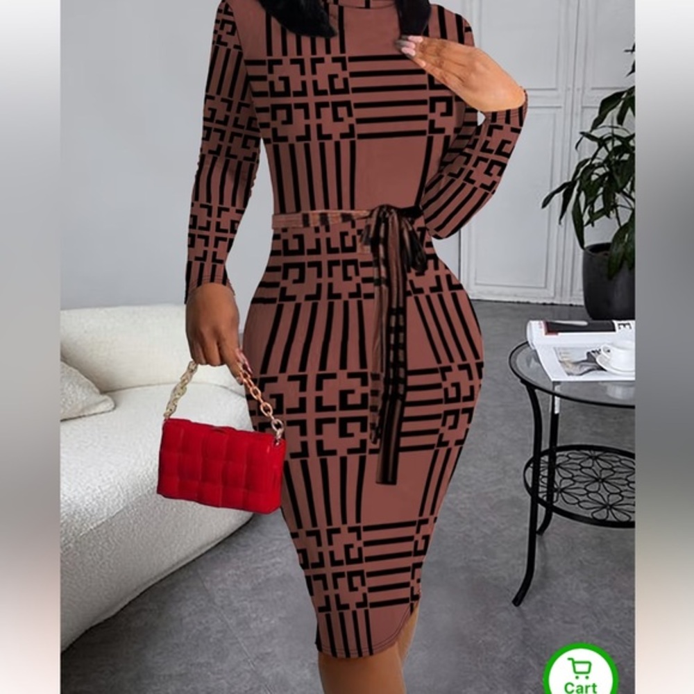 SHEIN Geometric Patterned Brown Midi Dress
